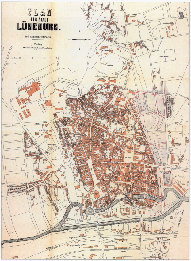 Ein detaillierter alter Stadtplan von Lüneburg, Deutschland, der Straßen, Gebäude und Sehenswürdigkeiten zeigt, begleitet von Text über die Bevölkerung und Merkmale der Stadt.