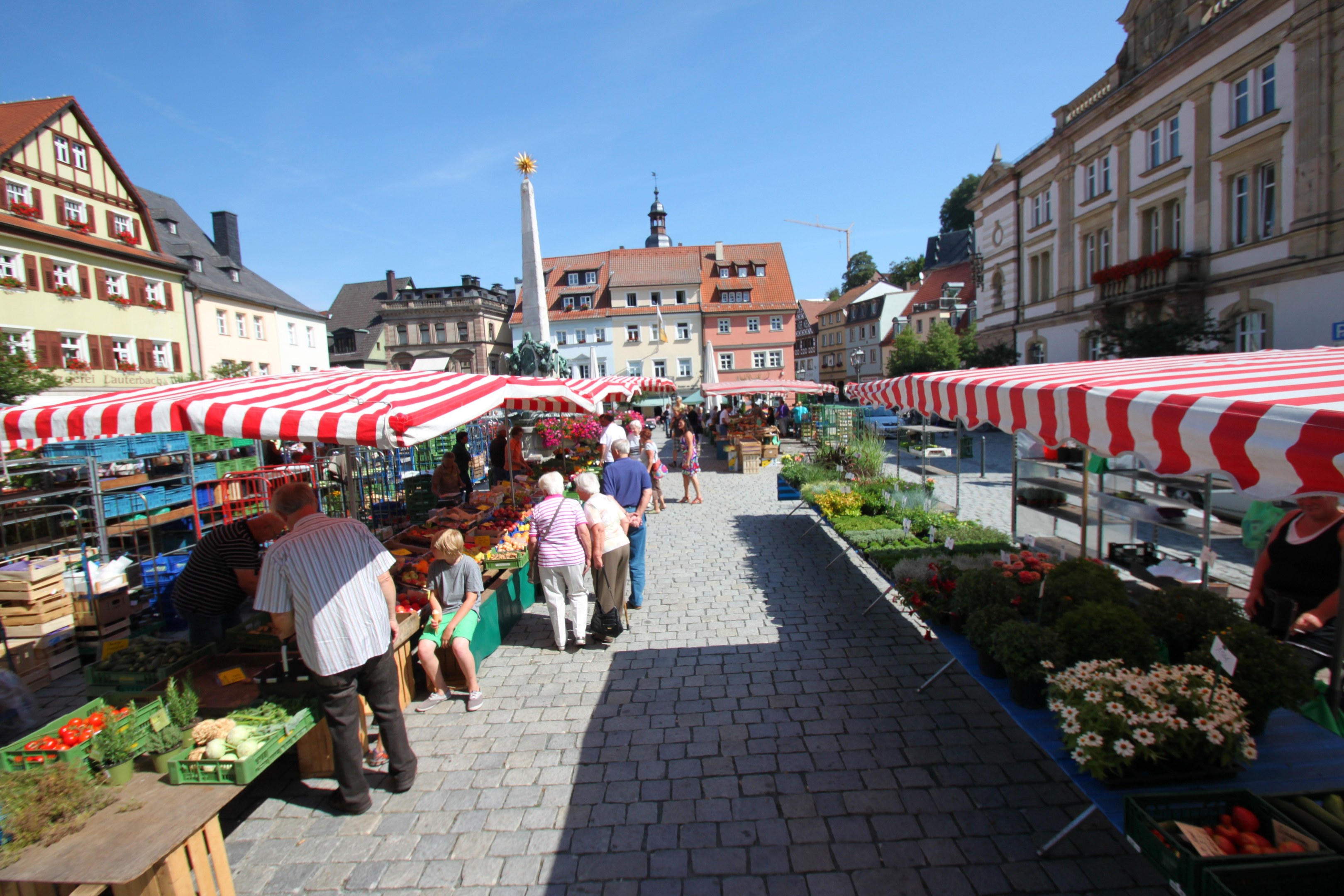 Ein belebter Markt im Heidelberger Altstadt mit Menschen, die spazieren gehen, auf Bänken sitzen und in der Nähe von Zelten stehen, die Körbe mit Gemüse auf Tischen ausstellen, vor Buildings, Bäumen und einem klaren blauen Himmel.