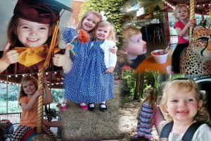 Ein Collage-Bild mit Vergnügungspark-Fahrgeschäften, einem Tisch mit Essensgegenständen wie einem Becher und Löffel, verschiedenen Gegenständen, Lichtern, einer Wand, Büschen, Bäumen, Gras, einem Seil und einem Hut.