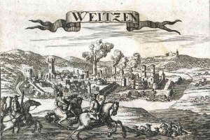 Schwarz-weißes Gravur von Weitzen, Deutschland, das Menschen auf Pferden im Vordergrund zeigt, umgeben von Hügeln, Gebäuden, Bäumen und Rauch im Hintergrund.