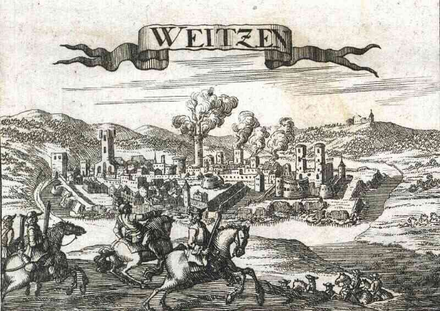 Schwarz-weißes Gravur von Weitzen, Deutschland, das Menschen auf Pferden im Vordergrund zeigt, umgeben von Hügeln, Gebäuden, Bäumen und Rauch im Hintergrund.