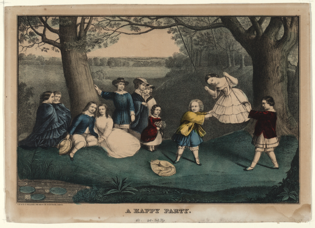 Eine Gruppe von Kindern, die in einem Park voller Bäume, Pflanzen und Gras spielt, wobei einige sitzen und andere stehen, und ein Text unten, der "Eine fröhliche Party" lautet.