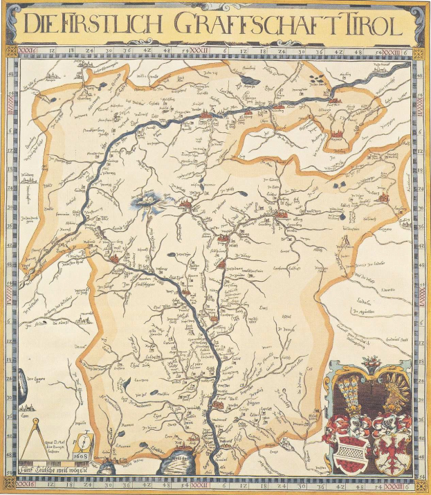 Ausführliches historisches Plakat der ersten Grafschaft Tirol, das eine Karte mit geografischen Merkmalen wie Flüssen, Bergen und Städten zeigt und von begleitendem Text über die Region und ihre Bewohner.