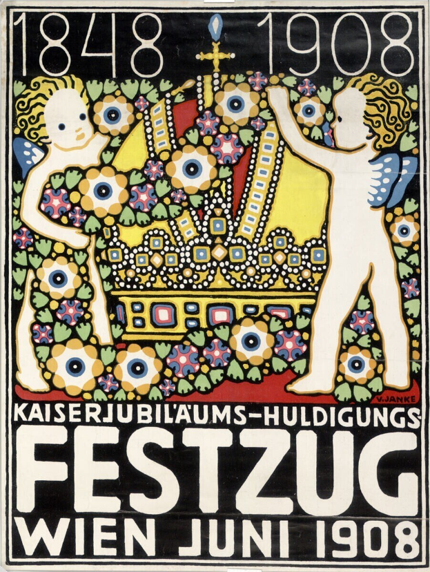 Plakat für ein Wiener Festival mit einem Bild eines Jungen und eines Mädchens, die Arm in Arm stehen, und Festivaldetails im Text.