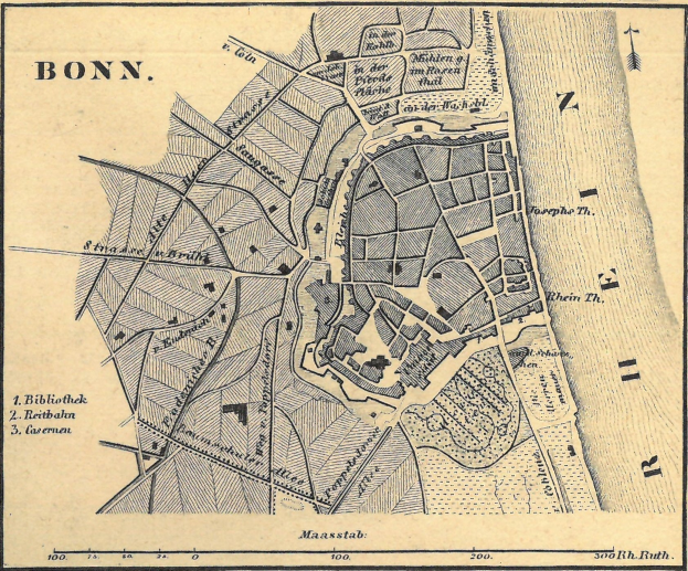 Detailierte alte Karte von Bonn, Deutschland, mit Straßen, Gebäuden und Landmarken mit sichtbarem Text.