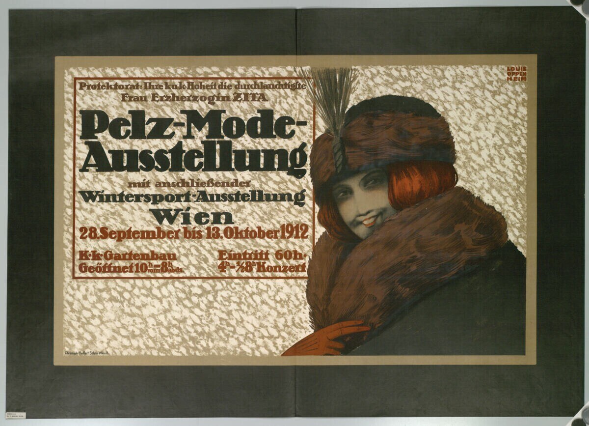 Ein Plakat für ein Wintersport-Event in Wien, Österreich, das eine lachende Frau in einem Pelzmantel und Hut mit Eventdetails in Text zeigt.