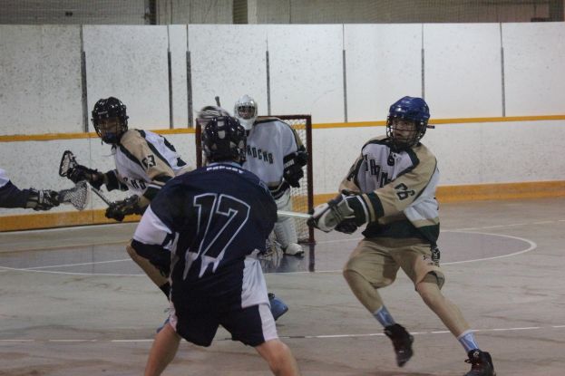 Personen mit Helmen und Stöcken scheinen in einem umschlossenen Raum zu kämpfen, im Hintergrund ein Netz und darunter ein Boden.