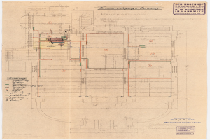 Schwarz-weißer Architekturplan des Rosenhof-Krankenhauses in Hamburg, Deutschland, der detaillierte Grundrisse mit beschrifteten Räumen, Gängen und umfangreichen Verdrahtungen an der Struktur zeigt.