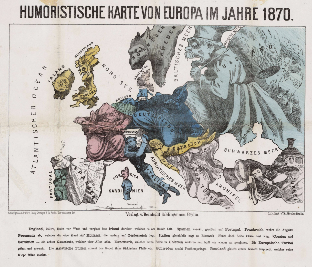 Ein Plakat mit der Aufschrift "Humoristische Karte von Europa im Jahre 1870" mit einer Karte von Europa umgeben von Karikaturen und Text.