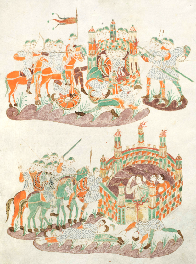 Eine mittelalterliche Handschriftseite, die eine Kampfszene mit berittenen Männern zeigt, die mit Schwertern, Schilden, Bogen und Pfeilen bewaffnet sind, vor einer Burg umgeben von Grünland unter einem tiefblauen Himmel.