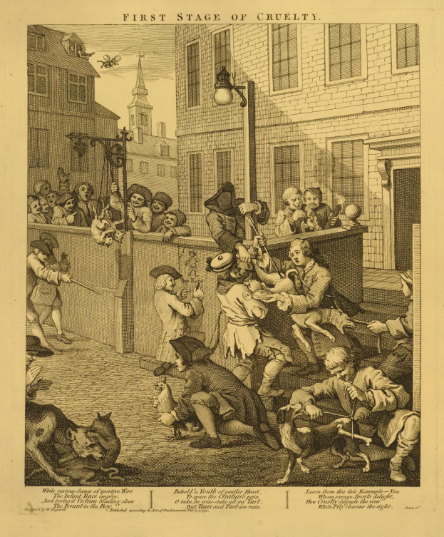 Eine handgezeichnete Papierzeichnung, die eine Gruppe von Menschen und Tieren vor einem Gebäude mit Fenstern und einer Laterne zeigt und unten den Titel "Erste Stufe der Grausamkeit" trägt.