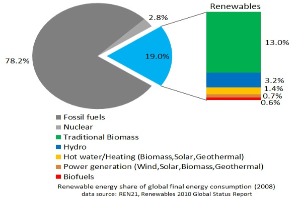 Ein Kreisdiagramm, das den globalen erneuerbaren Energieverbrauch im Jahr 2008 zeigt, unterteilt in Abschnitte für fossile Brennstoffe, Kernenergie, Wasserkraft, Warmwasserheizung, Biomasse, Solarenergie, Geothermie und Biokraftstoffe.
