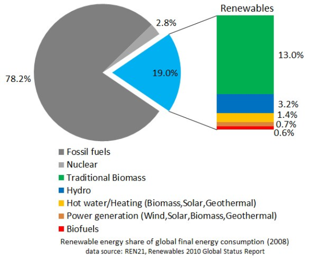 Ein Kreisdiagramm, das den globalen erneuerbaren Energieverbrauch im Jahr 2008 zeigt, unterteilt in Abschnitte für fossile Brennstoffe, Kernenergie, Wasserkraft, Warmwasserheizung, Biomasse, Solarenergie, Geothermie und Biokraftstoffe.