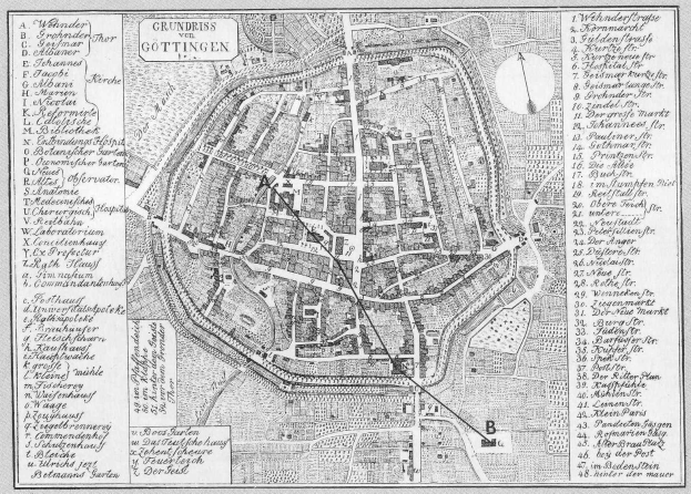 Schwarz-weiß-Karte von Göttingen, Deutschland, zeigt Straßen, Gebäude und Sehenswürdigkeiten mit Textbeschriftungen.
