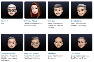 Eine Gruppe animierter Menschen mit verschiedenen Gesichtsausdrücken und dem Text "Senior Vice President and General Counsel".