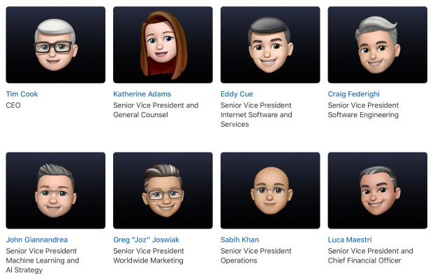 Eine Gruppe animierter Menschen mit verschiedenen Gesichtsausdrücken und dem Text "Senior Vice President and General Counsel".
