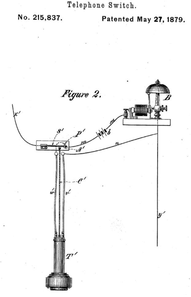 Eine Patentzeichnung eines Telefon-Schalters mit einem Pfahl und Drähten, beschriftet mit "Patent 215,837 - Telefon-Schalter".