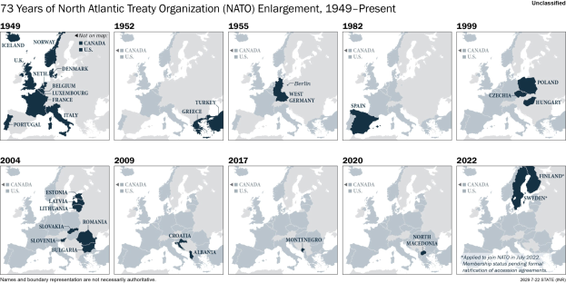 Karte, die die Erweiterung der NATO von 1949 bis heute zeigt, mit einem Text-Header, der zusätzliche Informationen bereitstellt.