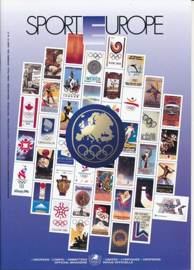 Ein Buchumschlag mit dem Titel "Sport in Europa", der farbenfrohe Bilder und Texte zu den Olympischen Spielen in Europa zeigt.