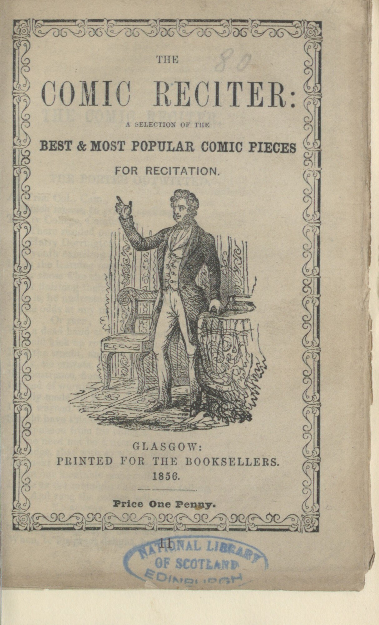 Alter Buchumschlag mit einer Zeichnung eines Mannes in einem Anzug, der auf einem Stuhl sitzt und einen ernsten Gesichtsausdruck hat, betitelt mit "The Comic Reciter: A Selection of the Best and Most Popular Comic Pieces for Recitation".