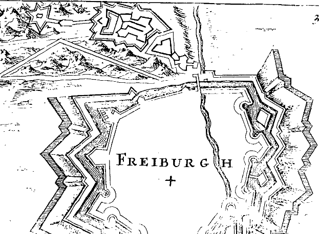 Eine detaillierte Schwarz-Weiß-Karte von Freiburg, Deutschland, mit Straßen, Gebäuden und Sehenswürdigkeiten, versehen mit Text.