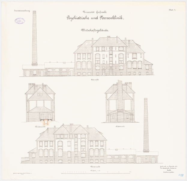 Eine Zeichnung eines mehrfenstrigen Gebäudes mit einem Schornstein, das mutmaßlich ein Psychiatriekrankenhaus in Deutschland ist, mit Text, der weitere Informationen enthält.