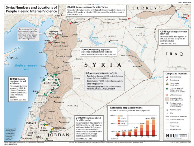 Ein Plakat mit einer Karte von Syrien, auf der Daten zu Binnenflüchtlingen aufgrund von Gewalt angezeigt werden, begleitet von Text und Grafiken.