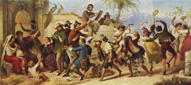 Gemälde mit dem Titel 'Der Tanz des verlorenen Sohnes', das eine Gruppe von Menschen zeigt, die vor einem Gebäude tanzen, einige halten Gegenstände, mit Bäumen, Vögeln, einer Wand und Himmel im Hintergrund.