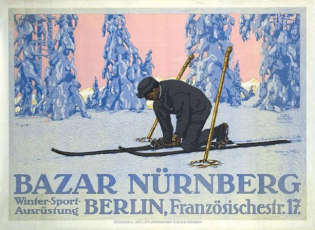 Ein Plakat, das den Bazar Nürnberg Winter Sport in Berlin, Deutschland bewirbt und eine Person auf Skiern mit Skistöcken zeigt, die vor Bäumen steht und Text, der das Ereignis beschreibt.
