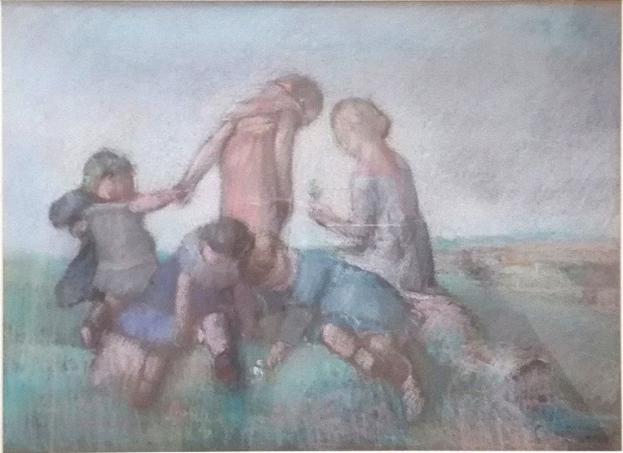 Malerei von Kindern, die in einem hellen, fröhlichen Feld spielen und in einem Foto Rahmen.