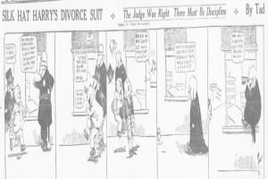 Ein Cartoon eines Mannes in einem schwarzen Anzug und einer Frau in einem Kleid mit einem schwarzen Schal, beide mit ernsten Gesichtern, mit dem Text "Scheidungsklage" auf dem Bild.