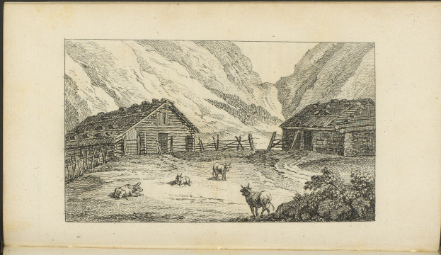 Ein aufgeschlagenes Buch mit einer Zeichnung einer Farmszene mit Tieren, Häusern, einem Zaun, Hügeln und Pflanzen.