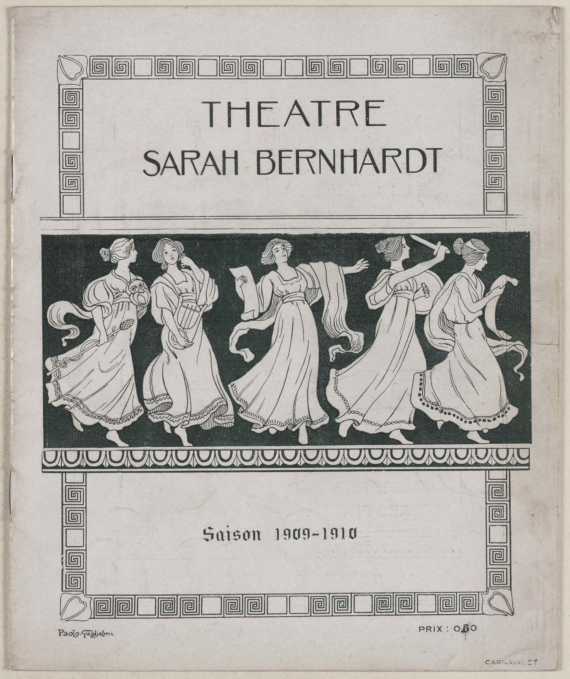 Plakat für das Theatre Sarah Bernhardt von 1909-1910, das eine Gruppe von Frauen in der Mitte zeigt, umgeben von Text, der das Theater und seine Schauspieler beschreibt.