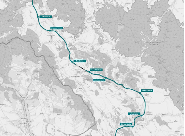 Eine Stadtkarte mit einer blauen Linie, die eine Radroute markiert, einschließlich Start- und Endpunkten.