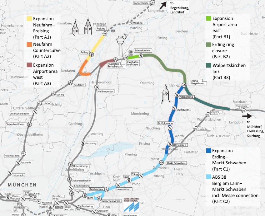 Eine detaillierte Karte einer Stadt, die eine hervorgehobene Bahnroute von München nach Frankfurt zeigt, einschließlich Haltestellen, Umgebung und zusätzliche Bahninformationen.