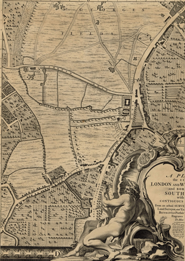 Ein detailliertes Stadtplanplakat von London und seiner Umgebung mit einer zentralen Skulptur einer Person.