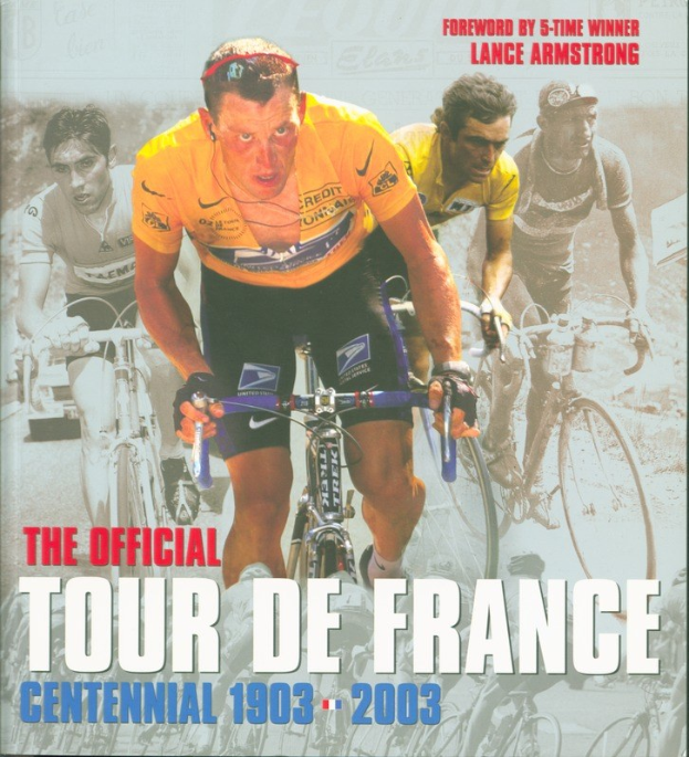 Offizielles Tour de France-Jubiläumsplakat (1903–2003) mit Fahrradfahrern in einer Gruppenfahrt und begleitendem Text.