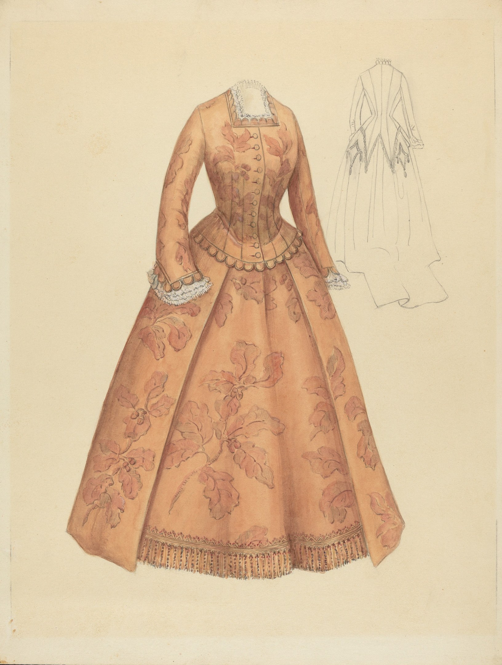 Ausführliches 18. Jahrhundert Kostüm-Design-Zeichnung eines bodenlangen Kleides mit hohem Kragen, floral gemustertem Oberteil in Rosa, Lila und Blau, sowie einer Spitzenbesetzten Röcke.