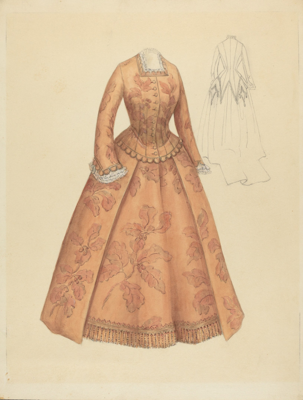 Ausführliches 18. Jahrhundert Kostüm-Design-Zeichnung eines bodenlangen Kleides mit hohem Kragen, floral gemustertem Oberteil in Rosa, Lila und Blau, sowie einer Spitzenbesetzten Röcke.