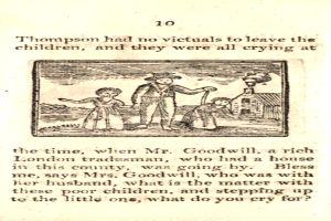 Ein Blatt Papier mit einer Zeichnung eines verzweifelten Mannes, der zwei weinende Kinder hält, begleitet von handgeschriebenem Text, der besagt, "Thompson hatte keine Opfer, um die Kinder zu lassen, und sie weinten alle zu der Zeit."