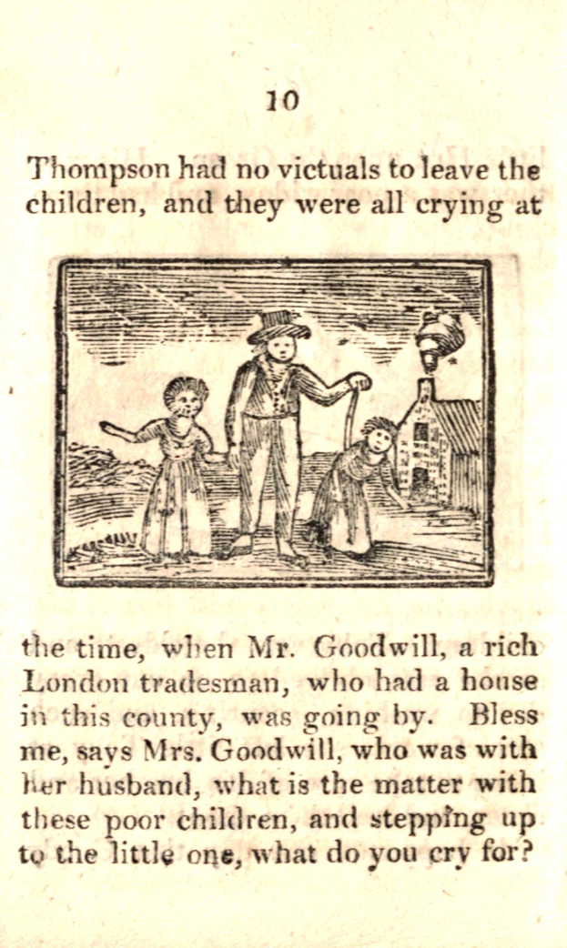 Ein Blatt Papier mit einer Zeichnung eines verzweifelten Mannes, der zwei weinende Kinder hält, begleitet von handgeschriebenem Text, der besagt, "Thompson hatte keine Opfer, um die Kinder zu lassen, und sie weinten alle zu der Zeit."