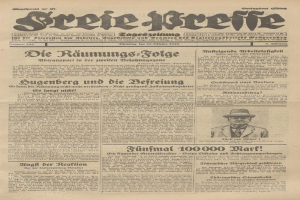 Alte deutsche Zeitung vom 29. September 1929 mit der Schlagzeile "Sugenberg und die Defreiung" und einem Foto eines Mannes in Anzug und Hut mit ernstem Gesichtsausdruck.