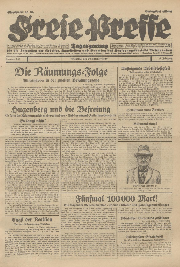 Alte deutsche Zeitung vom 29. September 1929 mit der Schlagzeile "Sugenberg und die Defreiung" und einem Foto eines Mannes in Anzug und Hut mit ernstem Gesichtsausdruck.