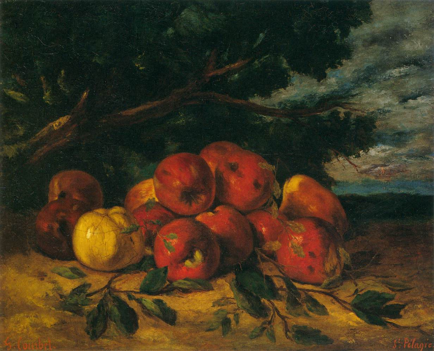 Ein Bild namens "Still Life with Apples and Pears" von St. Pelagre, das ein Stillleben von Äpfeln und Birnen auf einem Tisch mit einem Baum und einem bewölkten Himmel im Hintergrund zeigt.