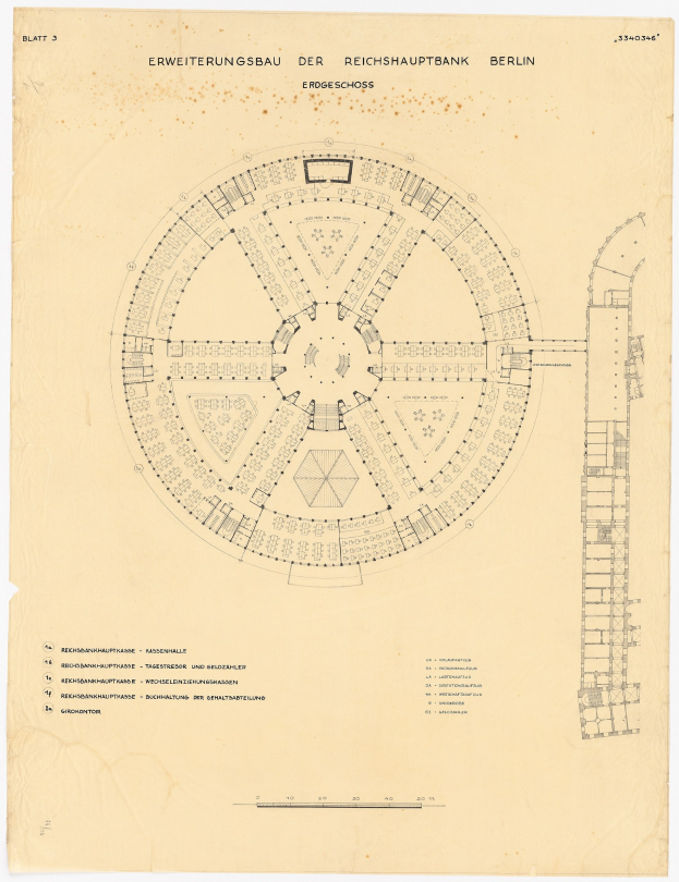 Ein detailliertes architektonisches Zeichnung des runden Reichshauptbank-Gebäudes in Berlin, Deutschland, mit zahlreichen Fenstern und einem Layout-Plan auf Papier.