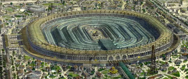 Eine Luftaufnahme eines großen Stadions inmitten einer Stadt, umgeben von Gebäuden, Bäumen und Gras.