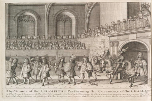 Eine Zeichnung einer Gruppe von Menschen, einige zu Pferde, die vor einer Menge mit einem Gebäude im Hintergrund stehen, mit Text unten, der "Die Art und Weise, wie die Champions die Herausforderungszeremonie durchführen" lautet.