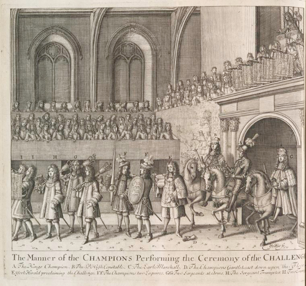 Eine Zeichnung einer Gruppe von Menschen, einige zu Pferde, die vor einer Menge mit einem Gebäude im Hintergrund stehen, mit Text unten, der "Die Art und Weise, wie die Champions die Herausforderungszeremonie durchführen" lautet.