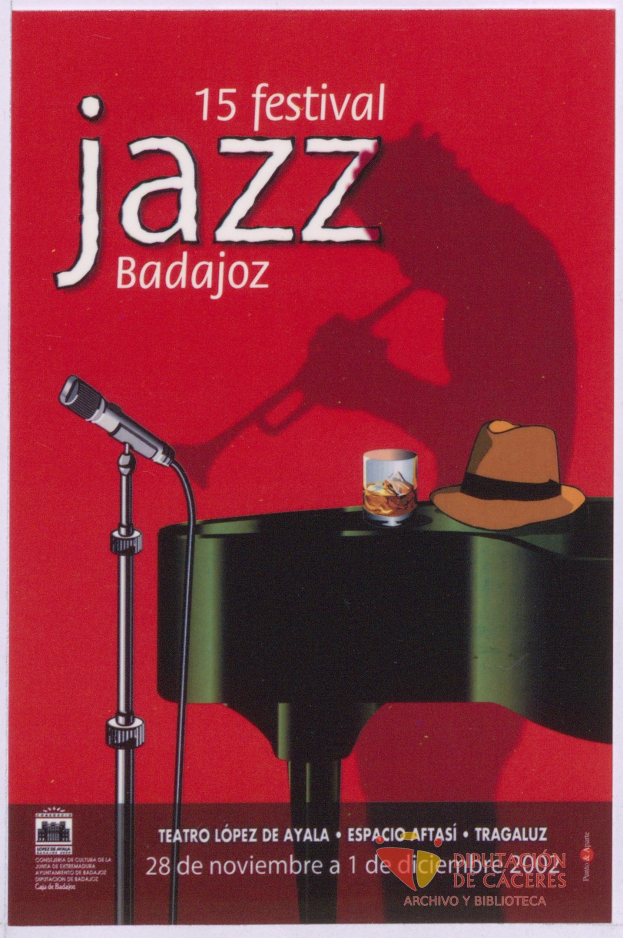 Plakat für das 15. Festival Jazz Badajoz mit Mikrofon, Hut und Glas auf einem Tisch mit Text, der Festivaldetails enthält.