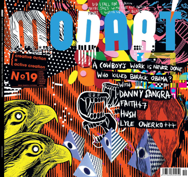 Ein Plakat mit Text, animierten Vögeln, einer Schlange und Drachen.